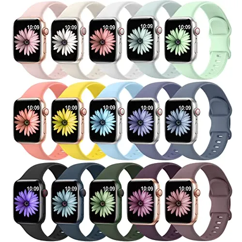 15 Pack Soft Silicone Bands Compatible with Apple Watch Band 40mm 41mm 38mm 45mm 44mm 42mm for Women Men,Waterproof Sport iWatch bands Replacement Strap Wristbands for iWatch SE Series 9 8 7 6 5 4 3 2