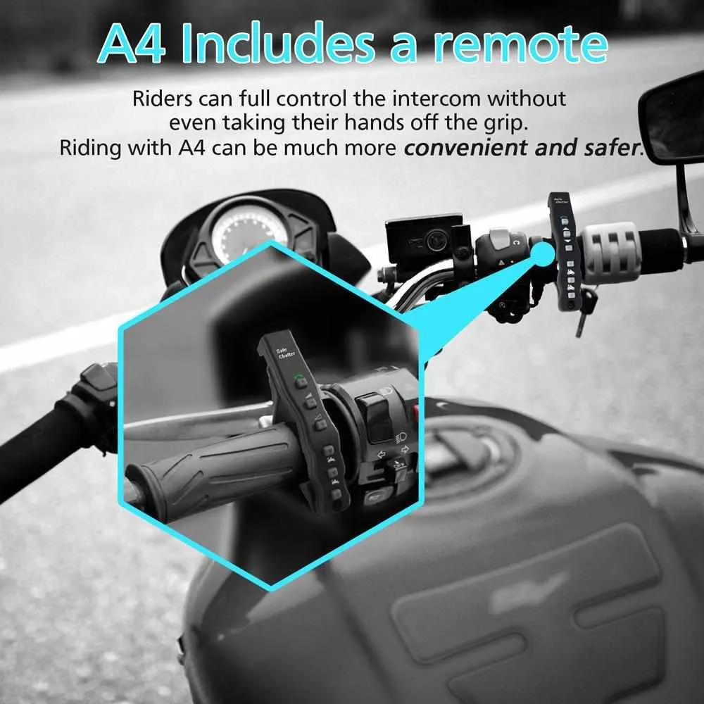 1pcs A4BT Bluetooth Motorcycle Helmet Intercom Headset with Remote Controller for 4 Riders