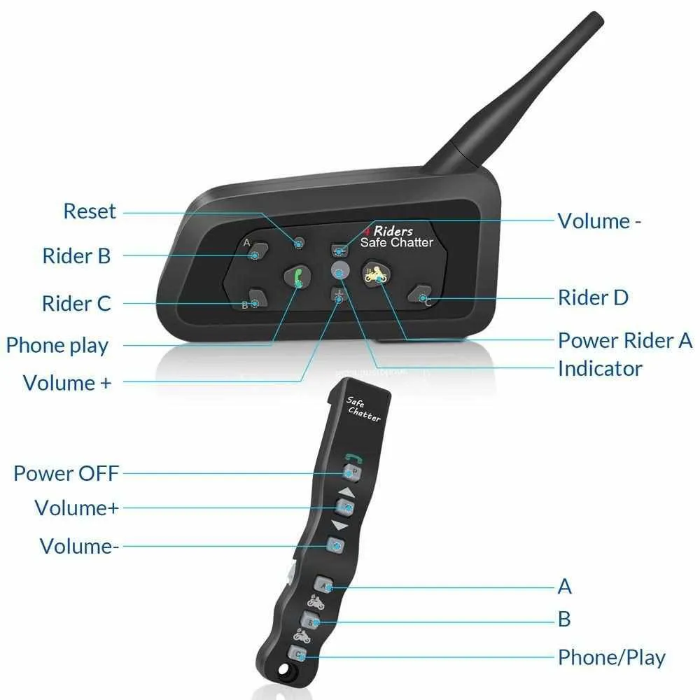 1pcs A4BT Bluetooth Motorcycle Helmet Intercom Headset with Remote Controller for 4 Riders