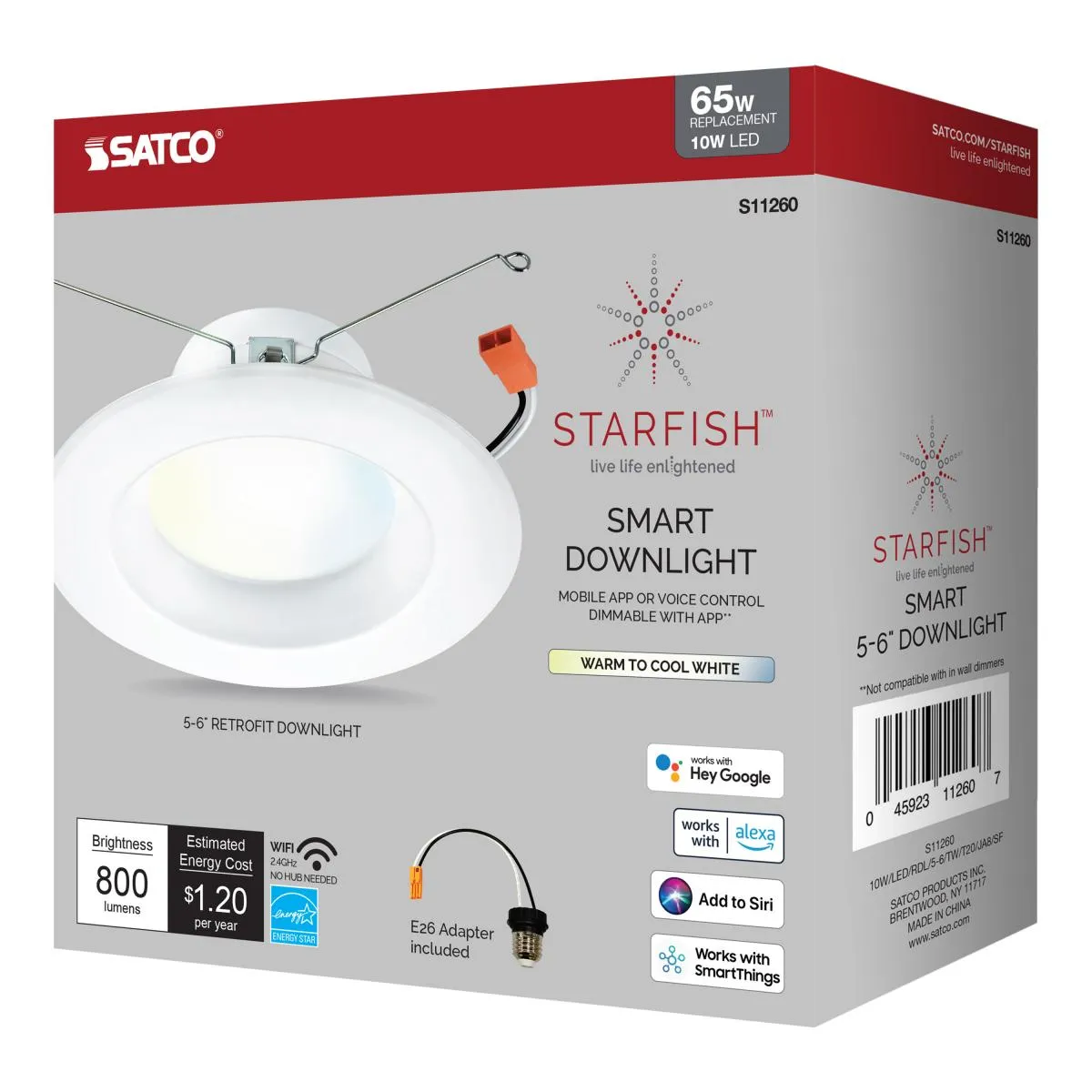 5-6 Inch LED Recessed Downlight, 10W, 800 Lumens, Tunable White, Starfish IOT, 120V