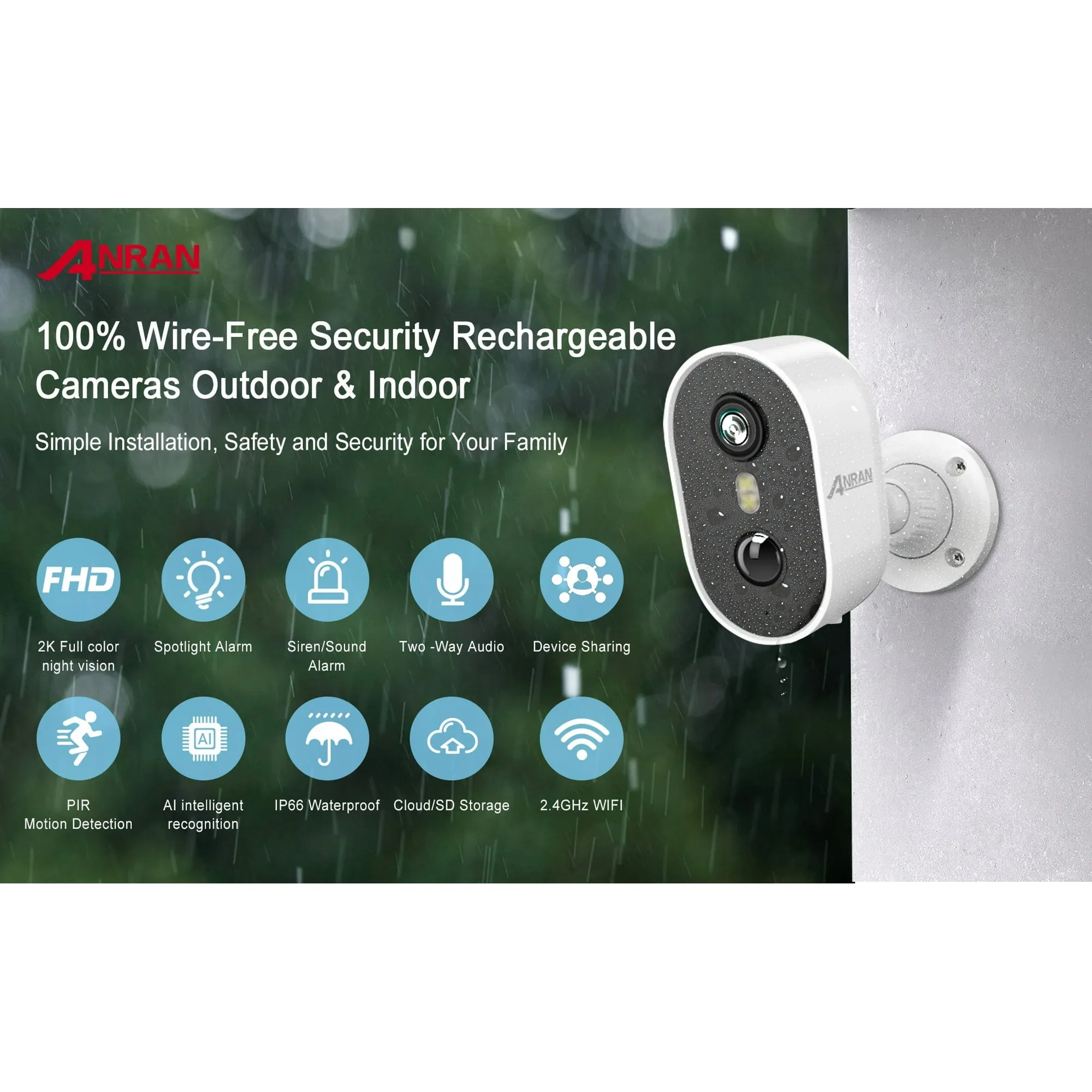 ANRAN C2 Outdoor Security Camera with Spotlight Waterproof PIR Detection 2.4Ghz Wi-Fi Rechargeable, White