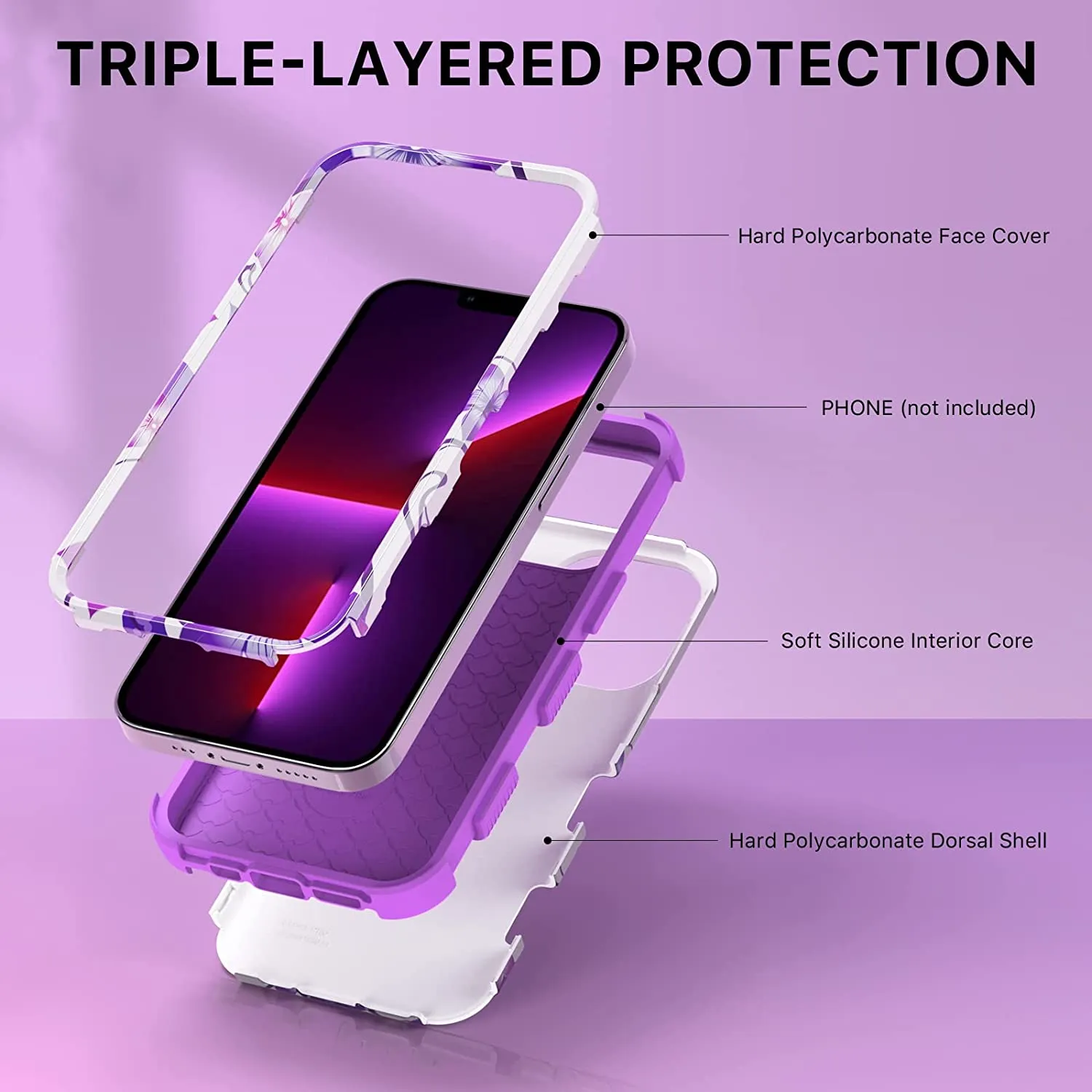 Apple iPhone 13 Pro Max, 6.7 inch, Stylish Cute Triple Layer  Proof Case Purple Hibiscus