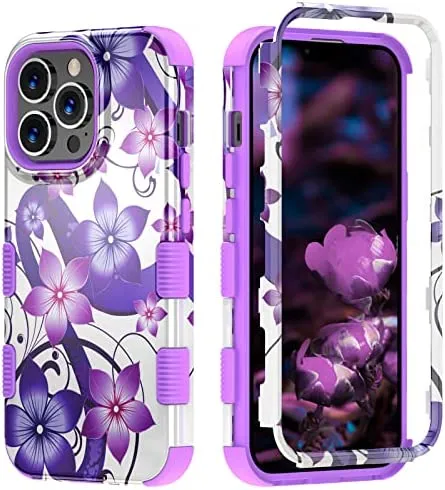 Apple iPhone 13 Pro Max, 6.7 inch, Stylish Cute Triple Layer  Proof Case Purple Hibiscus