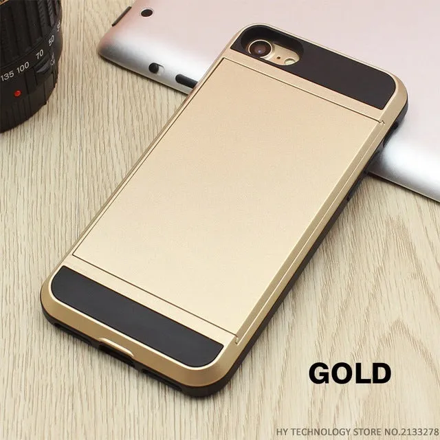 Armor Phone Cases for iPhone 5S SE 5 5C 6 S 6S 7 Plus Luxury Shell Silicone Plastic Credit Card Holder Slide Wallet Case Cover