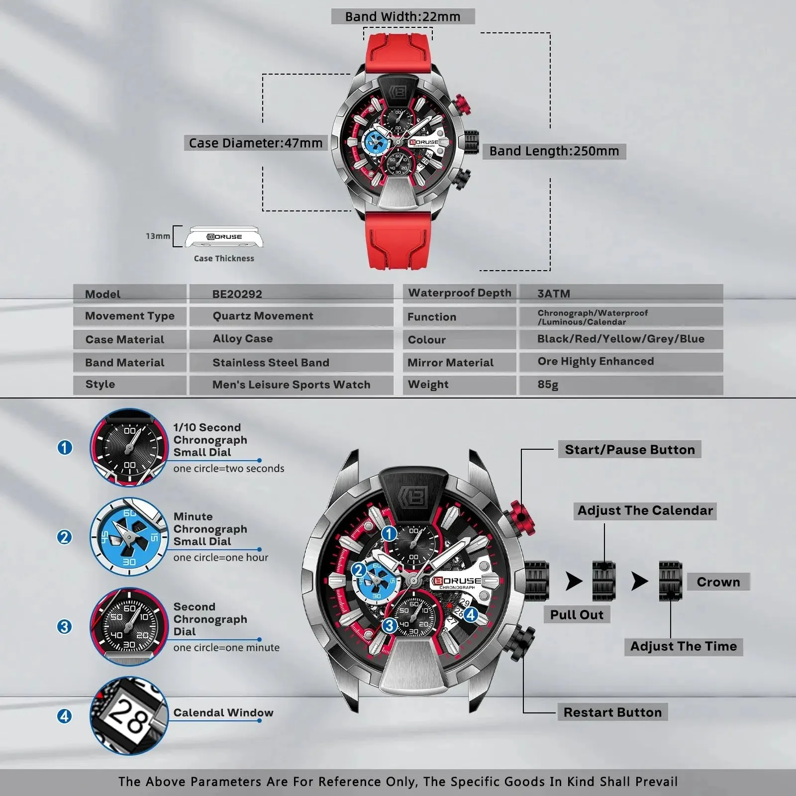 BORUSE Luxury Chronograph Red Watches