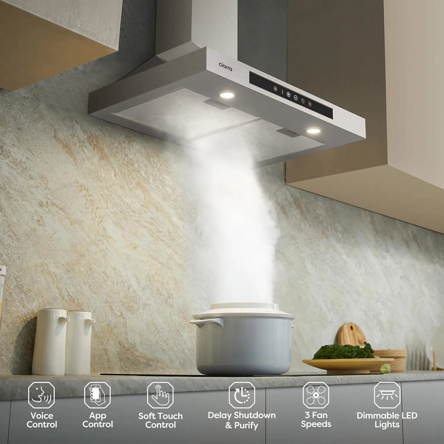 CIARRA 30 Inch Smart Wall Mount Range Hood With Alexa And Google Home Voice Control CAS75308W-OW