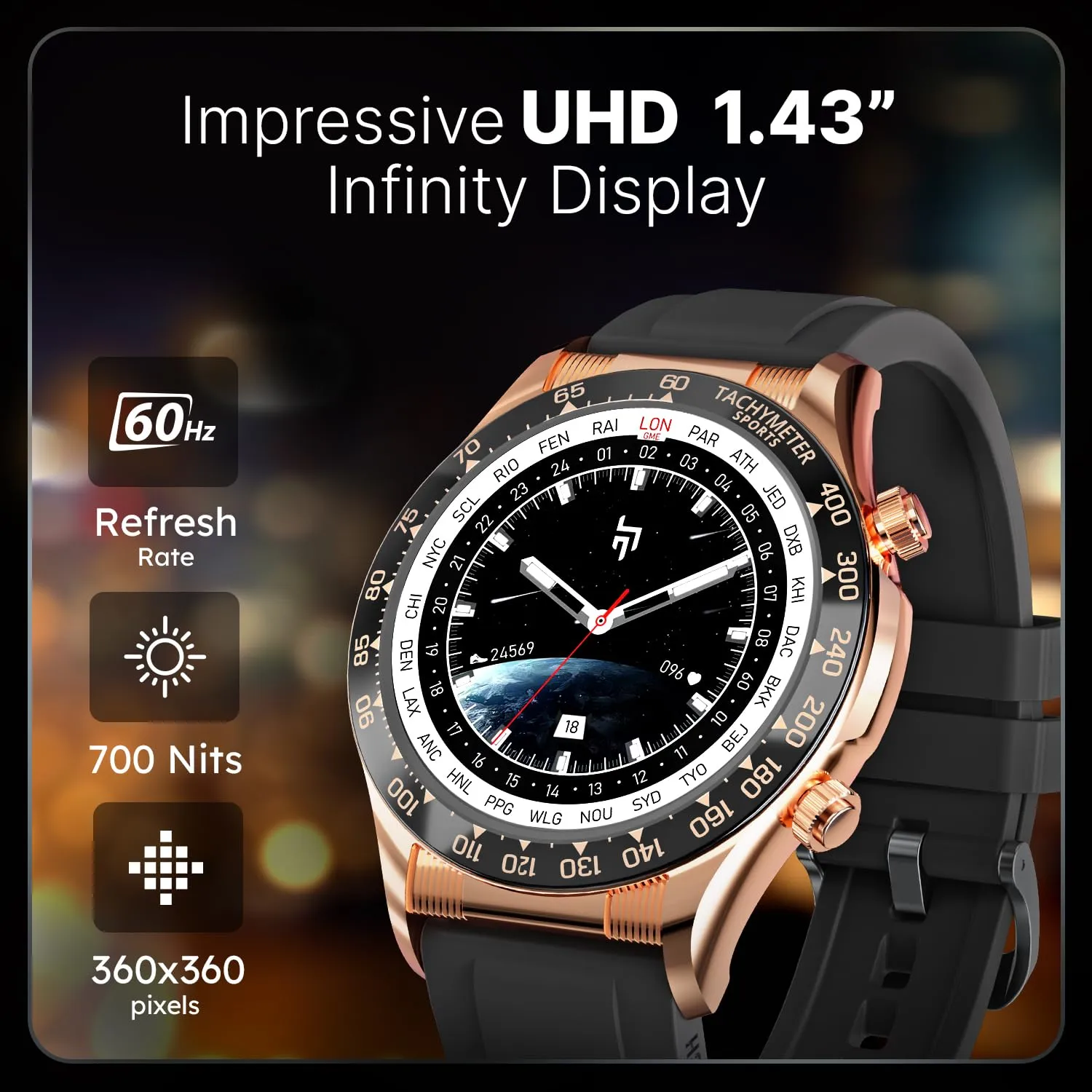 CrossBeats Monarch 1.43” UHD Infinite Display Smartwatch| Advanced Bluetooth Calling| 700 Nits| 125 Sports Modes| Spo2 Tracking| 360 * 360 Pixels (Round Silicone - Gold)