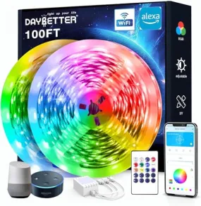 DAYBETTER 100ft Smart WiFi Led Lights, Led Strip Lights Work with Alexa and Google Assistant, App Voice Remote Control Music Sync Color Changing RGB Strip Lighting for Bedroom Room Decor, 50ft *2