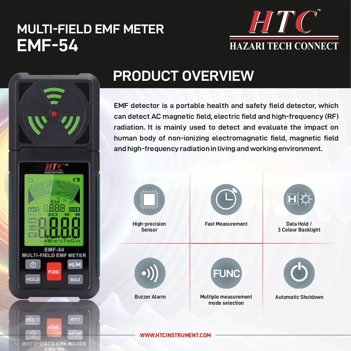 HTC EMF-54 3-in-1 Electromagnetic Field Detector, EF/RF/MF, Wi-Fi Signal Detection