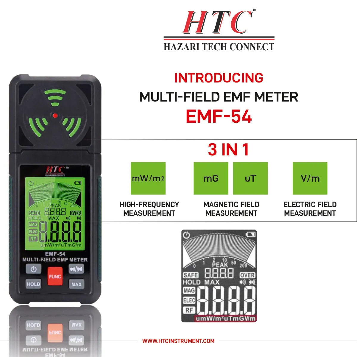 HTC EMF-54 3-in-1 Electromagnetic Field Detector, EF/RF/MF, Wi-Fi Signal Detection