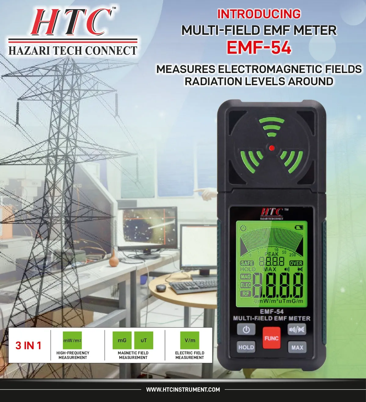 HTC EMF-54 3-in-1 Electromagnetic Field Detector, EF/RF/MF, Wi-Fi Signal Detection