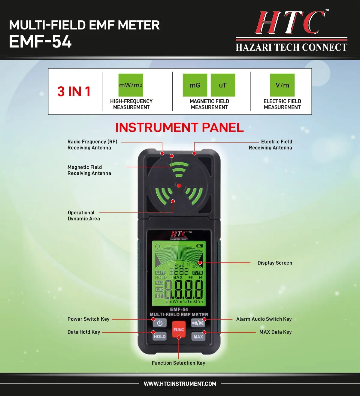 HTC EMF-54 3-in-1 Electromagnetic Field Detector, EF/RF/MF, Wi-Fi Signal Detection