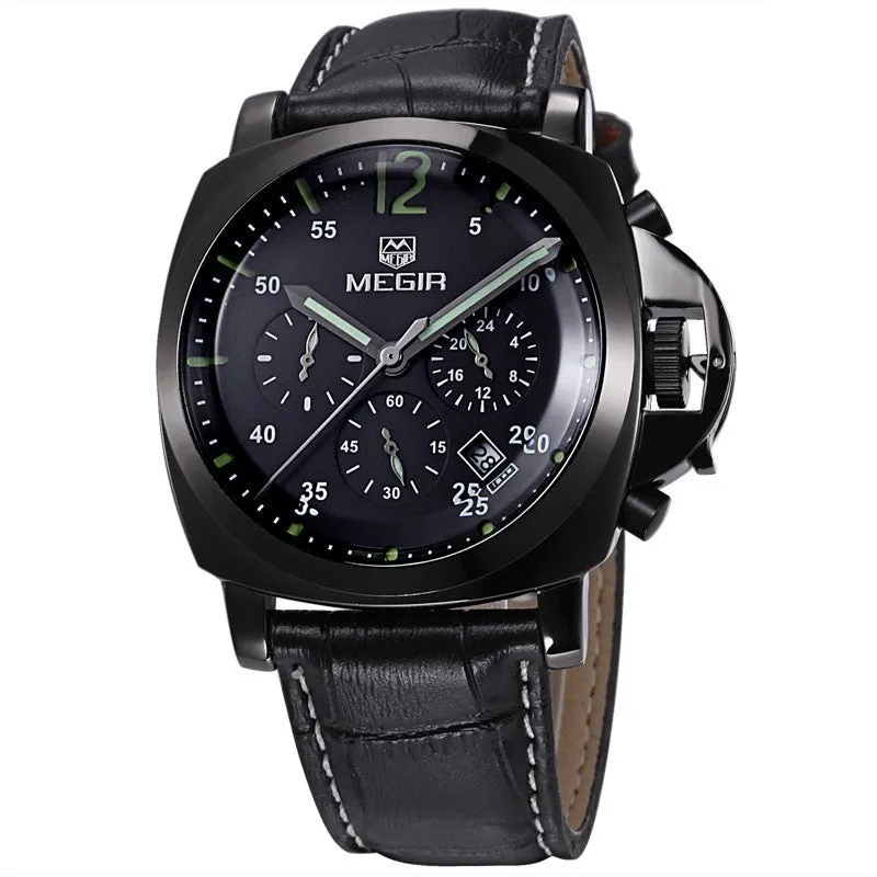 MEGIR Genuine Leather Luxury Men Watches Chronograph 6 Hands 24 Hours Function Men Top Brand Military Watch