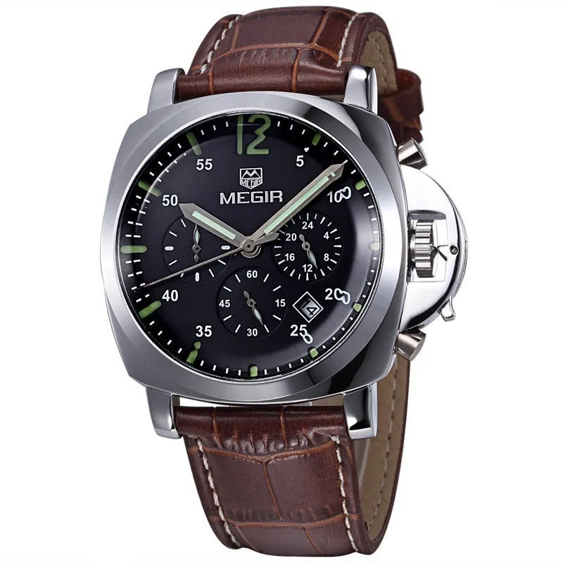 MEGIR Genuine Leather Luxury Men Watches Chronograph 6 Hands 24 Hours Function Men Top Brand Military Watch