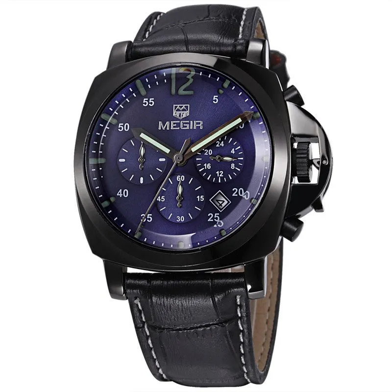 MEGIR Genuine Leather Luxury Men Watches Chronograph 6 Hands 24 Hours Function Men Top Brand Military Watch