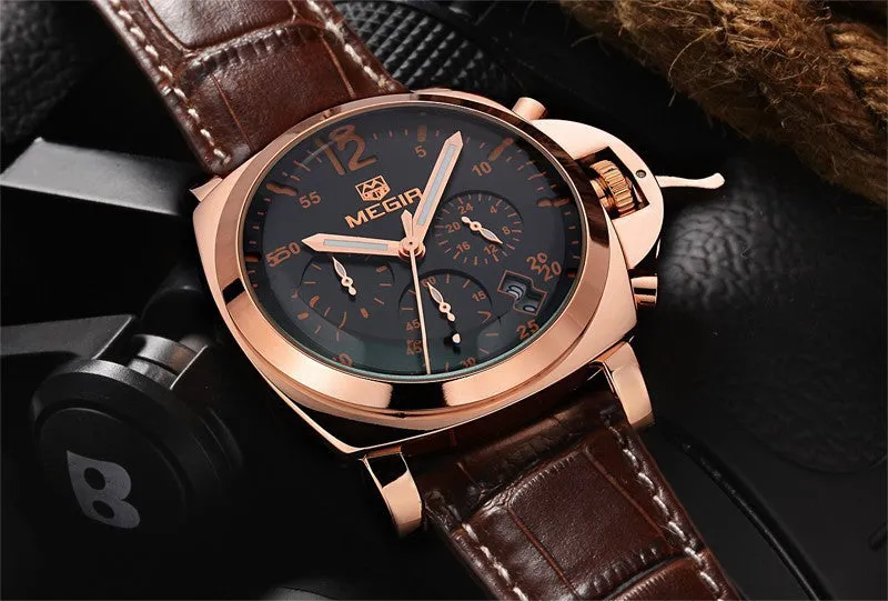 MEGIR Genuine Leather Luxury Men Watches Chronograph 6 Hands 24 Hours Function Men Top Brand Military Watch