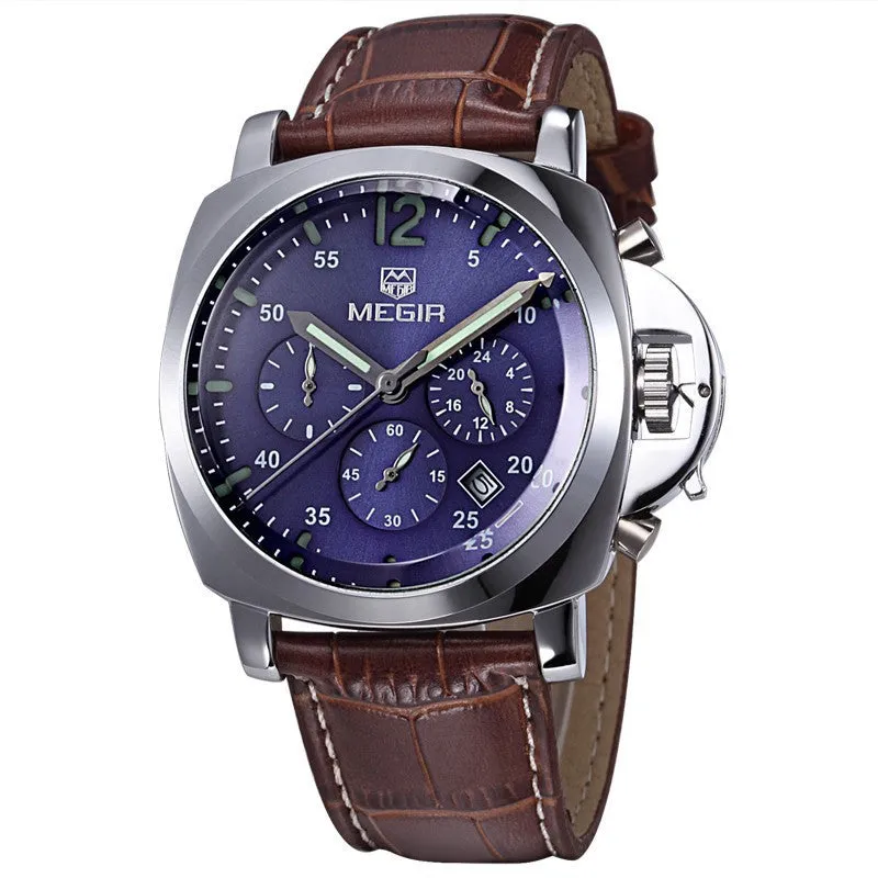 MEGIR Genuine Leather Luxury Men Watches Chronograph 6 Hands 24 Hours Function Men Top Brand Military Watch