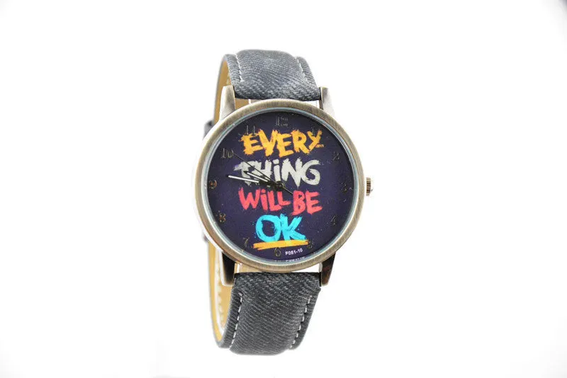 Men's army watch "EVERY THING WILL BE OK" retro leather sports wristwatch