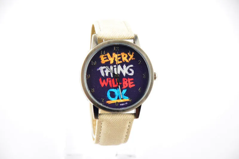 Men's army watch "EVERY THING WILL BE OK" retro leather sports wristwatch