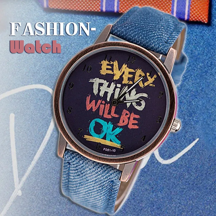 Men's army watch "EVERY THING WILL BE OK" retro leather sports wristwatch