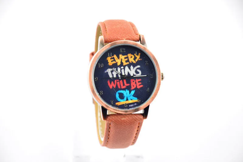 Men's army watch "EVERY THING WILL BE OK" retro leather sports wristwatch