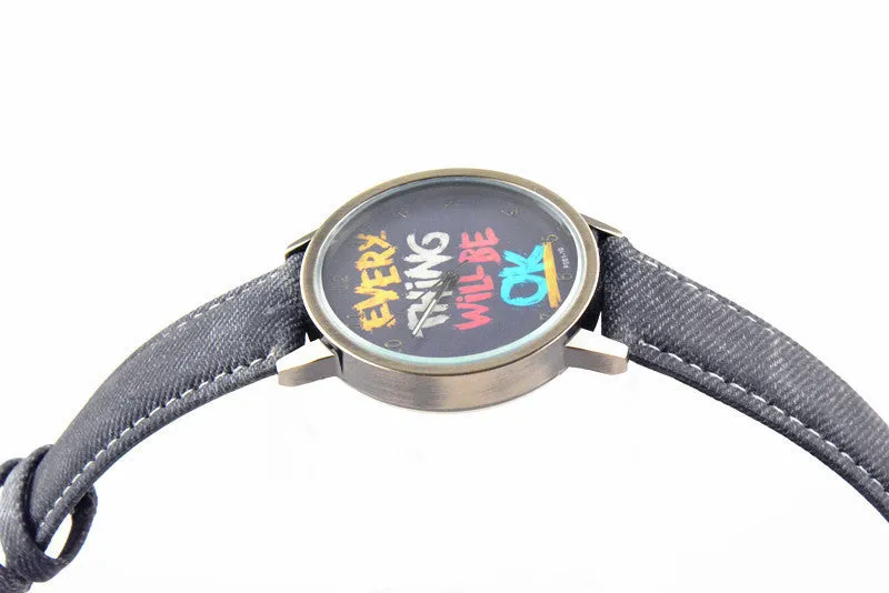 Men's army watch "EVERY THING WILL BE OK" retro leather sports wristwatch