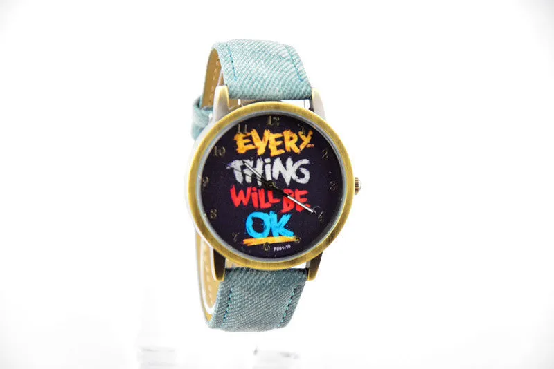 Men's army watch "EVERY THING WILL BE OK" retro leather sports wristwatch