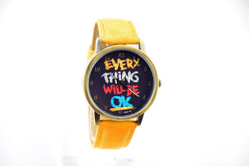 Men's army watch "EVERY THING WILL BE OK" retro leather sports wristwatch