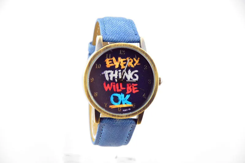 Men's army watch "EVERY THING WILL BE OK" retro leather sports wristwatch