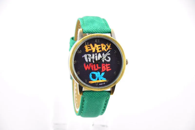 Men's army watch "EVERY THING WILL BE OK" retro leather sports wristwatch