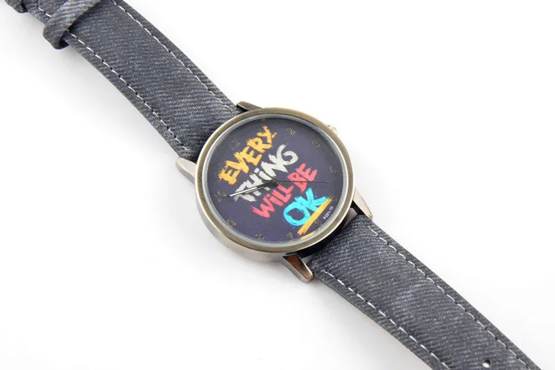 Men's army watch "EVERY THING WILL BE OK" retro leather sports wristwatch