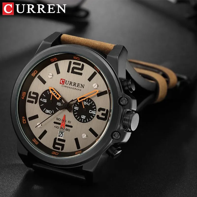 Men's Leather Watch Chronograph Wristwatch Business Quartz Calendar Military Watch | 8314