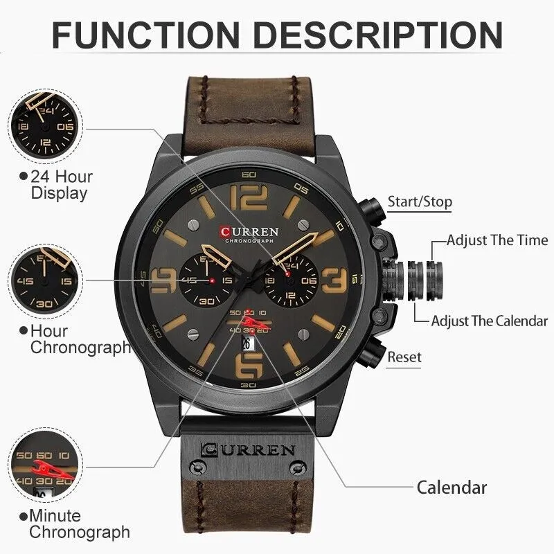 Men's Leather Watch Chronograph Wristwatch Business Quartz Calendar Military Watch | 8314