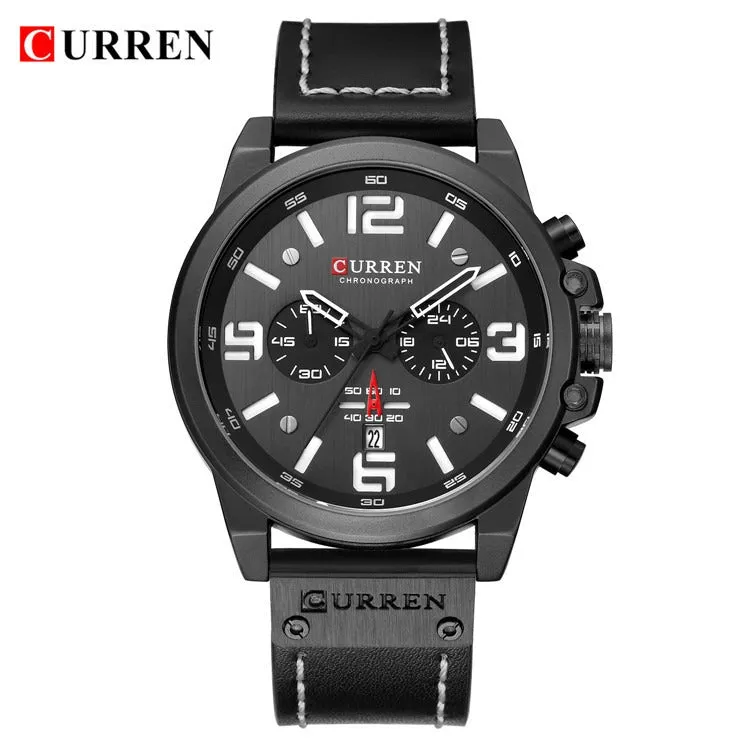 Men's Leather Watch Chronograph Wristwatch Business Quartz Calendar Military Watch | 8314