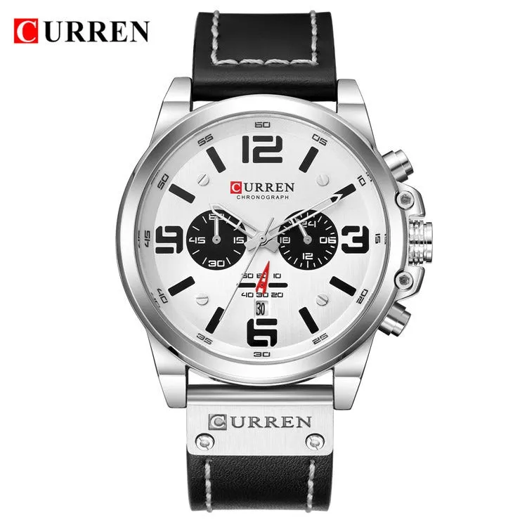 Men's Leather Watch Chronograph Wristwatch Business Quartz Calendar Military Watch | 8314