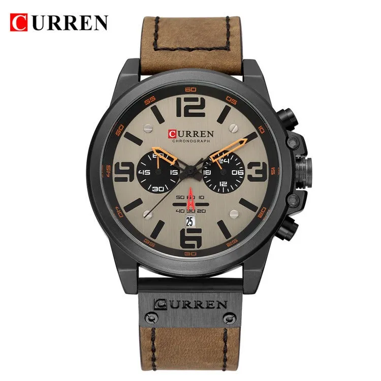 Men's Leather Watch Chronograph Wristwatch Business Quartz Calendar Military Watch | 8314