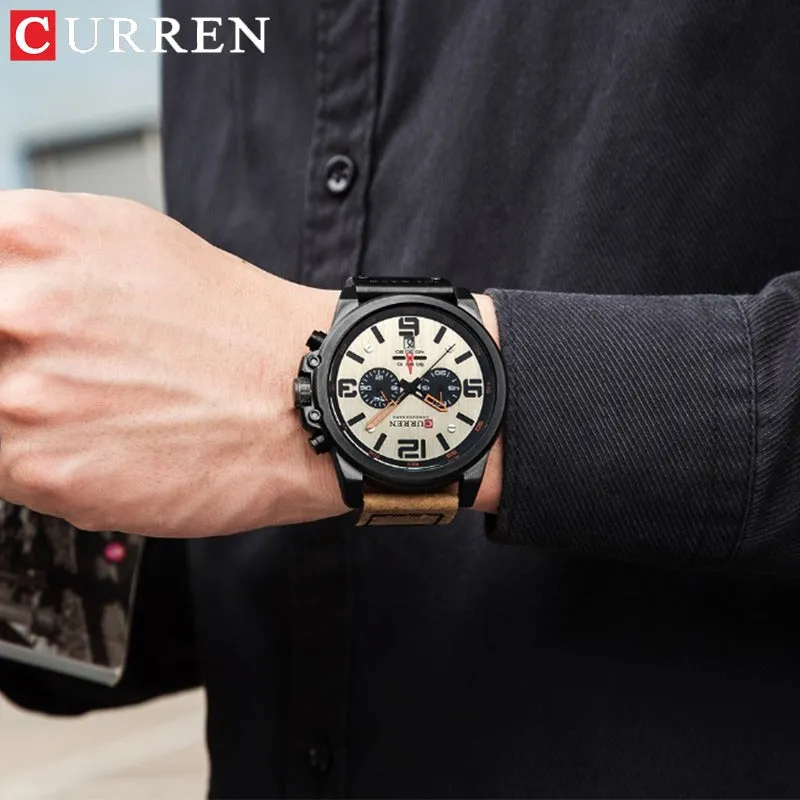 Men's Leather Watch Chronograph Wristwatch Business Quartz Calendar Military Watch | 8314