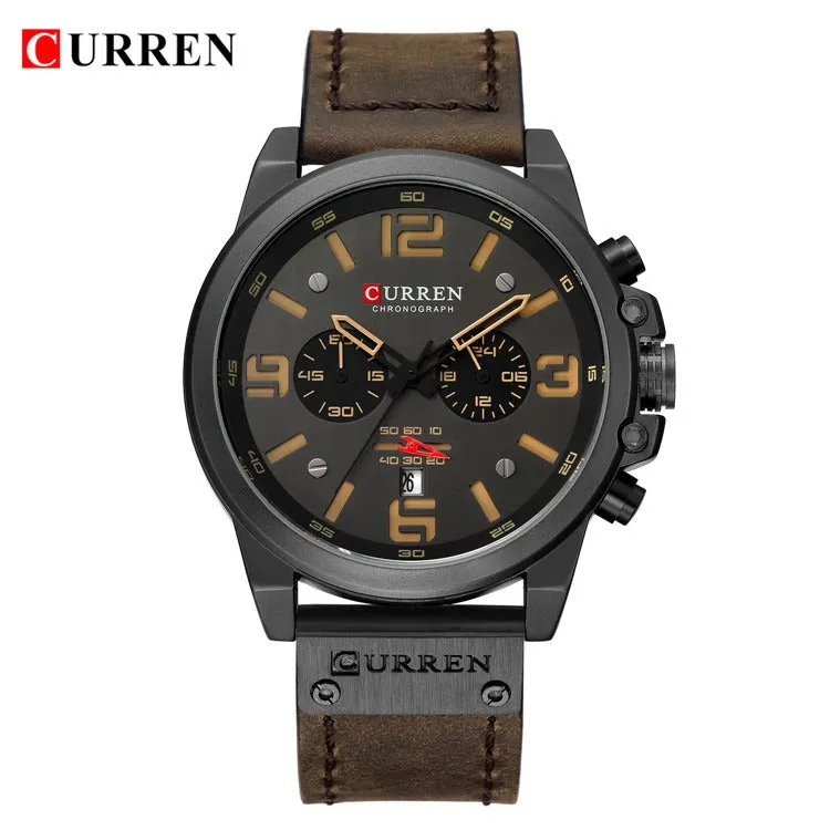 Men's Leather Watch Chronograph Wristwatch Business Quartz Calendar Military Watch | 8314