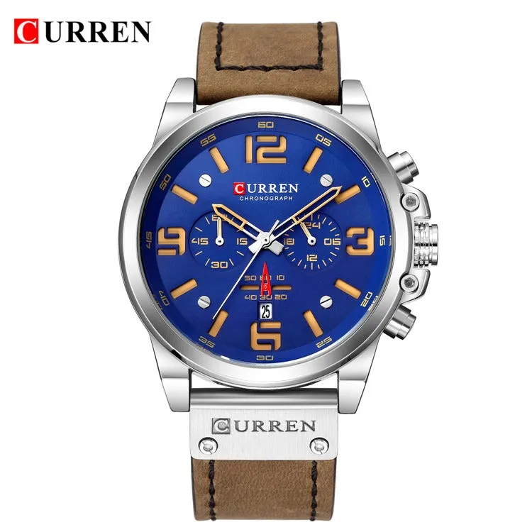 Men's Leather Watch Chronograph Wristwatch Business Quartz Calendar Military Watch | 8314