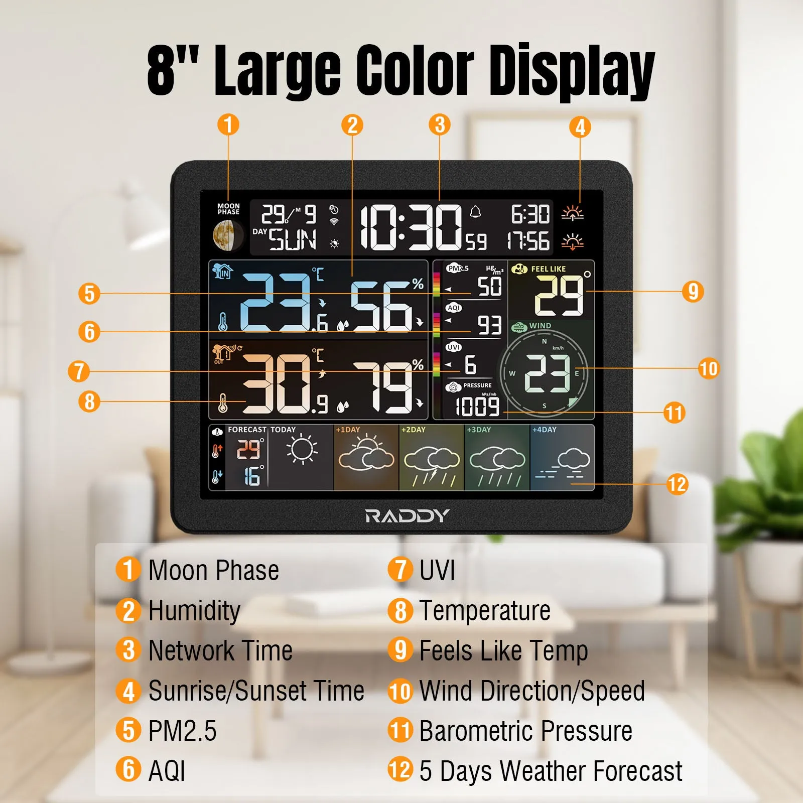 Raddy N80 Smart Wi-Fi Weather Station |  APP Control |  8”Large Display |  Sunset/Sunrise Time | PM2.5/AQI/UV Index | Customized Alarm Clocks