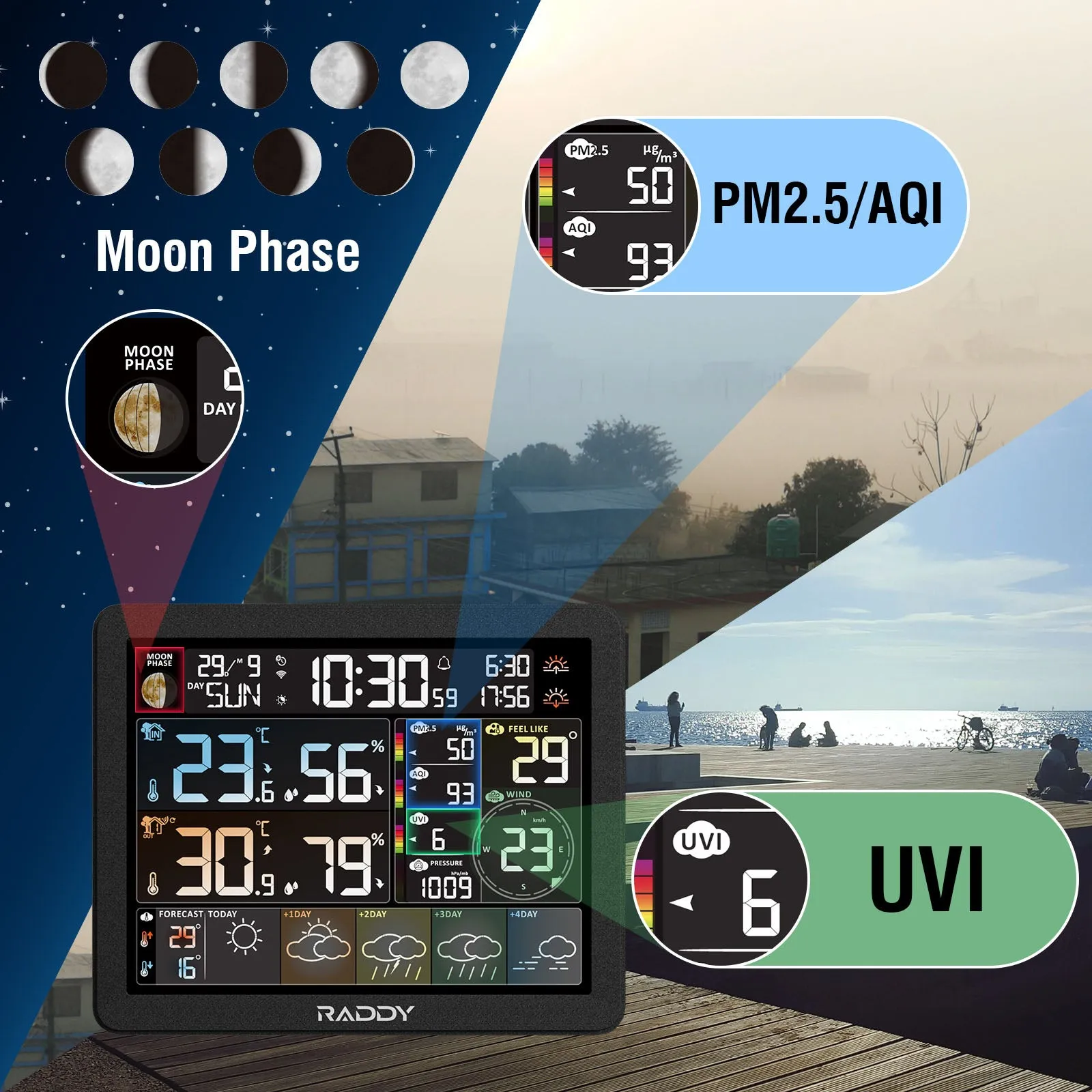 Raddy N80 Smart Wi-Fi Weather Station |  APP Control |  8”Large Display |  Sunset/Sunrise Time | PM2.5/AQI/UV Index | Customized Alarm Clocks