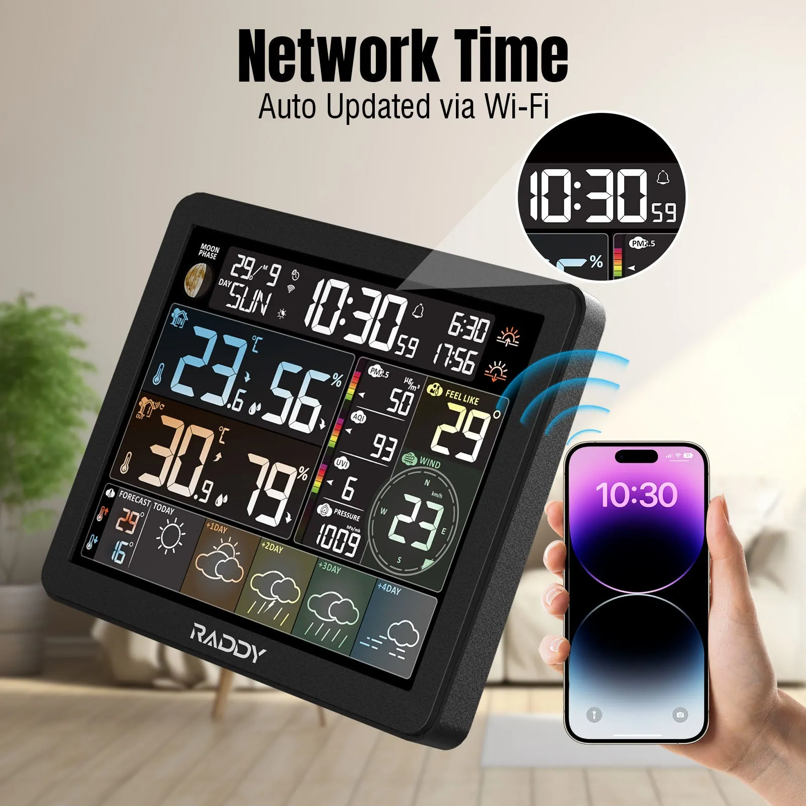 Raddy N80 Smart Wi-Fi Weather Station |  APP Control |  8”Large Display |  Sunset/Sunrise Time | PM2.5/AQI/UV Index | Customized Alarm Clocks