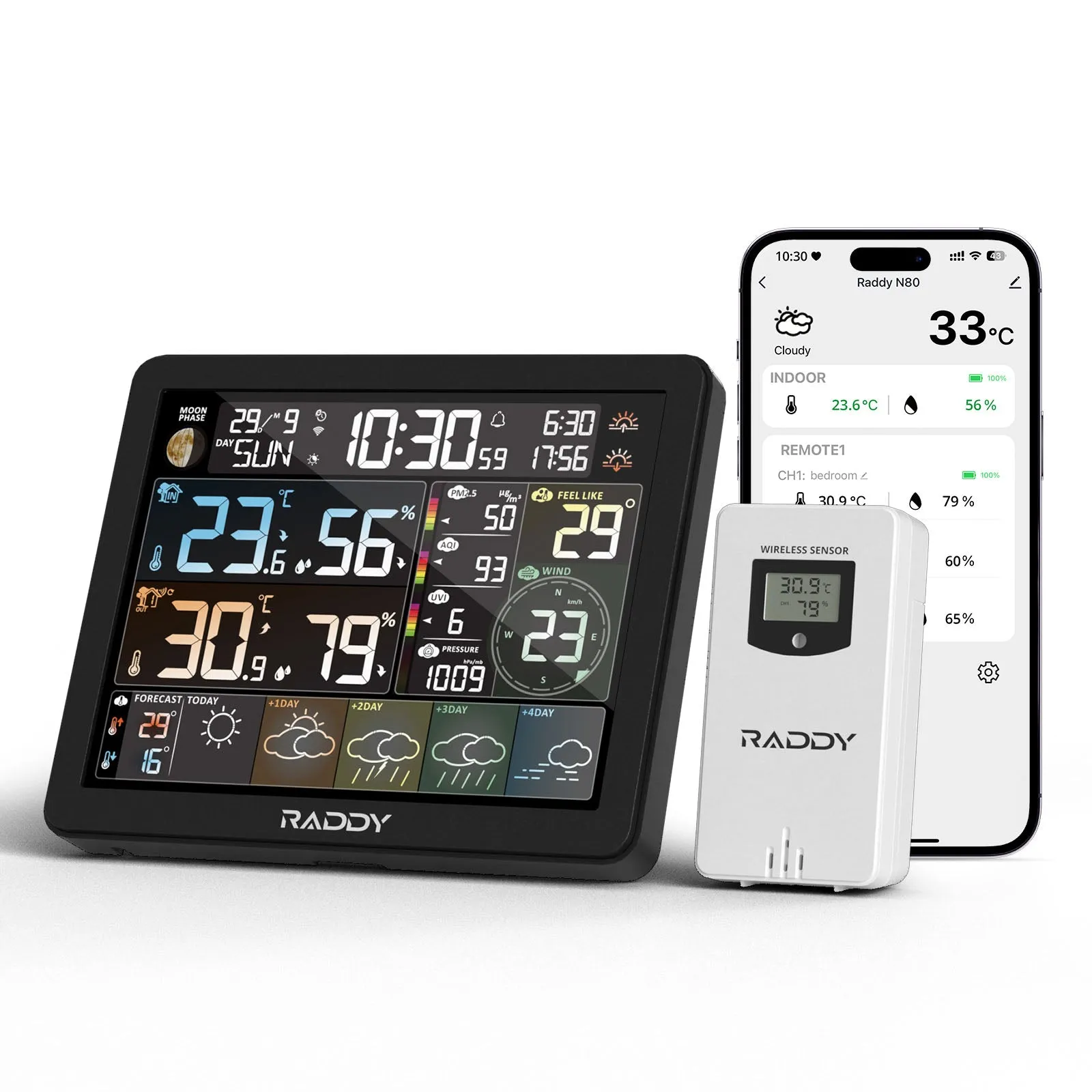 Raddy N80 Smart Wi-Fi Weather Station |  APP Control |  8”Large Display |  Sunset/Sunrise Time | PM2.5/AQI/UV Index | Customized Alarm Clocks