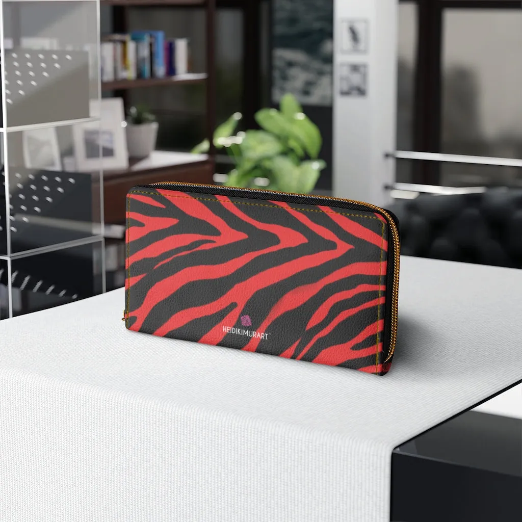 Red Zebra Print Zipper Wallet, Best Zebra Striped Animal Print Gold Color Zipper Wallet For Women