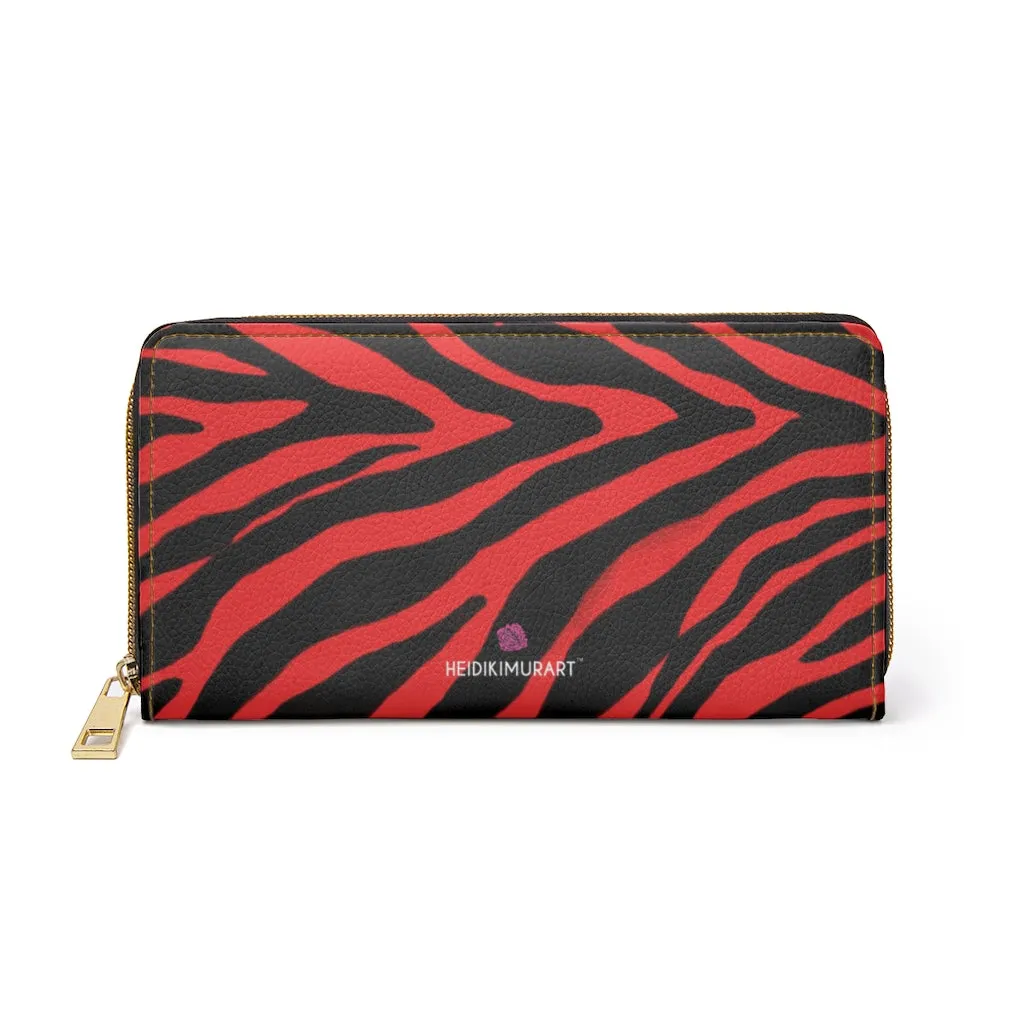 Red Zebra Print Zipper Wallet, Best Zebra Striped Animal Print Gold Color Zipper Wallet For Women