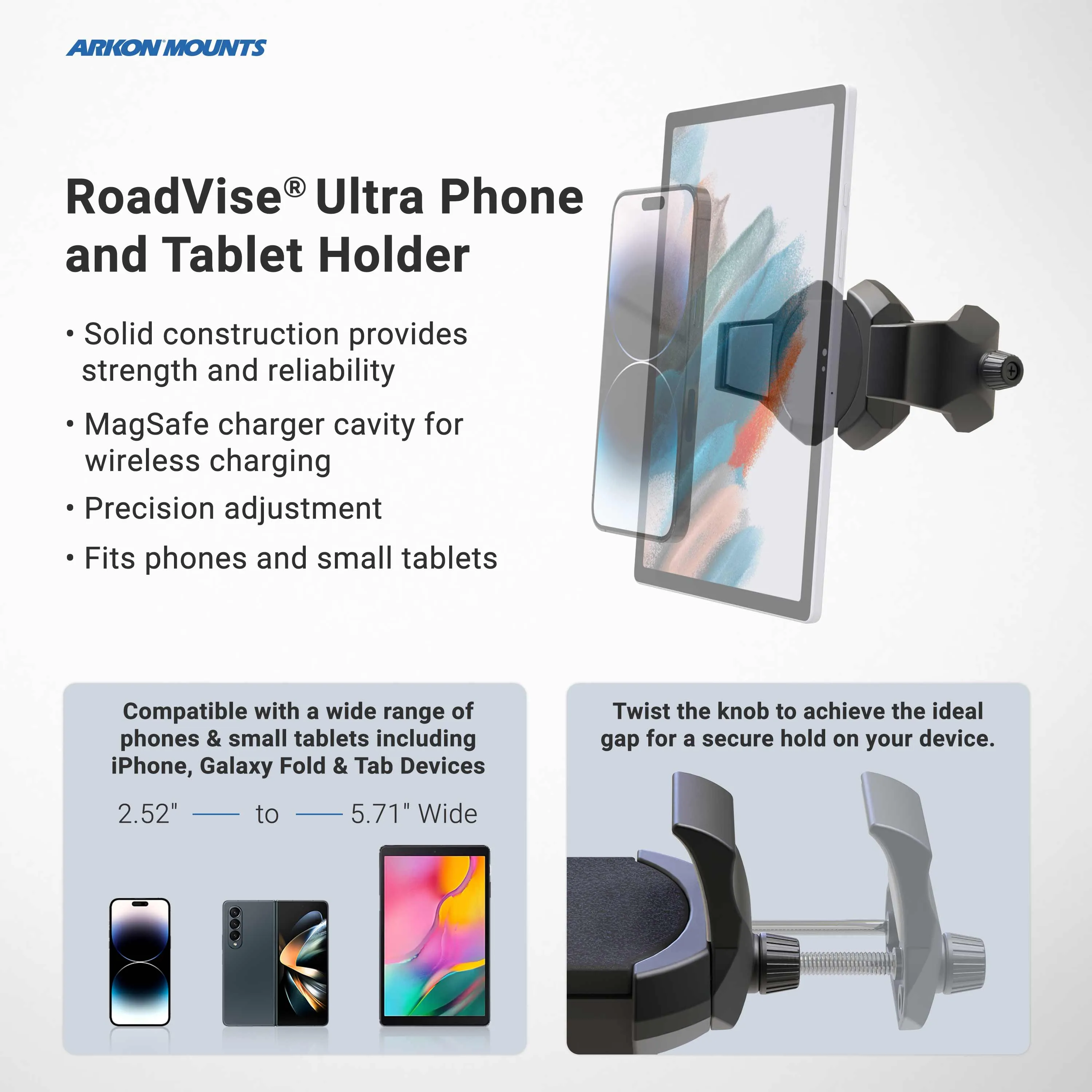 RoadVise® Ultra Aluminum Drill Base Mount Phone Holder with Adjustable Arm