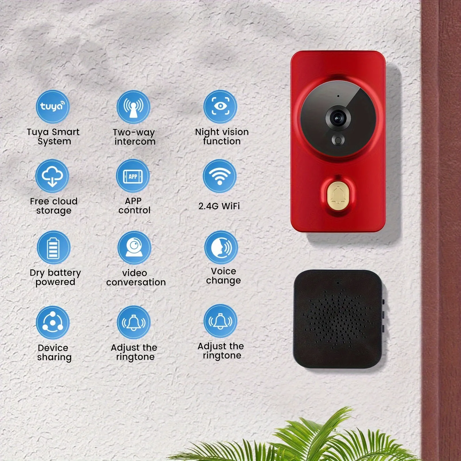 Smart visual doorbell, smart system control, 2.4G wireless wifi for home and commercial use, no need to drill holes for the app camera (no built-in battery, shipped without battery).