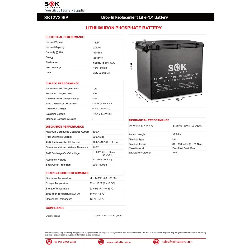 SOK Battery [Marine Grade] 12V 206Ah LiFePO4 Battery | Sealed Plastic Box | Lithium Solar Battery