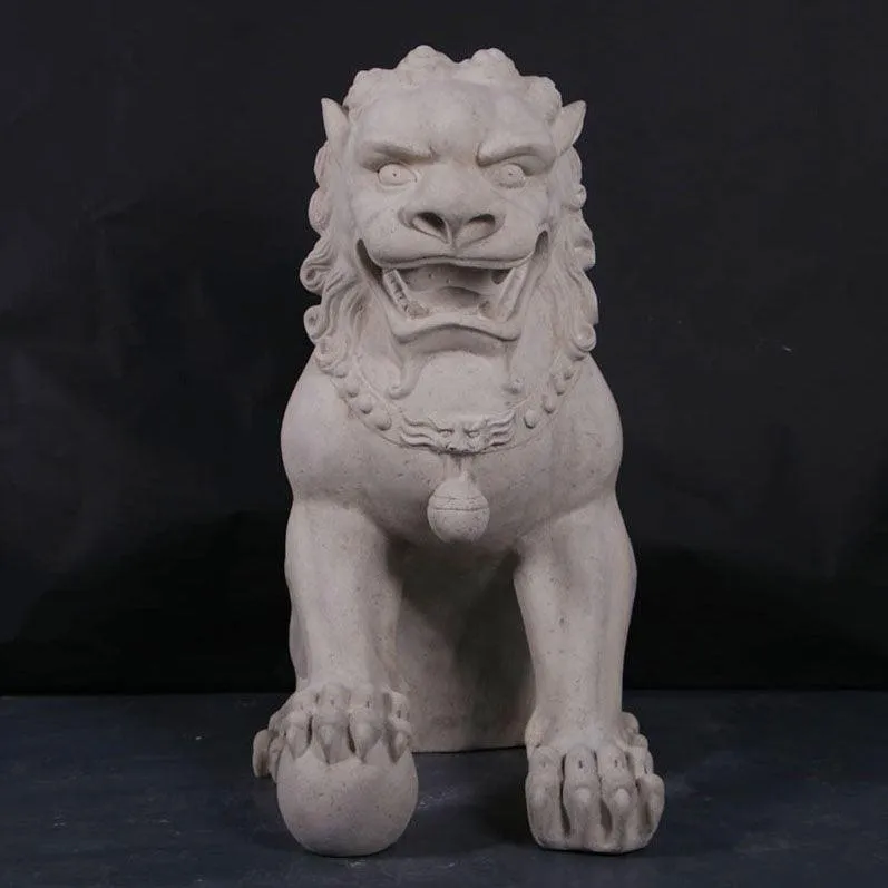 Stone Foo Dog Male On Base Chinese Lion Statue