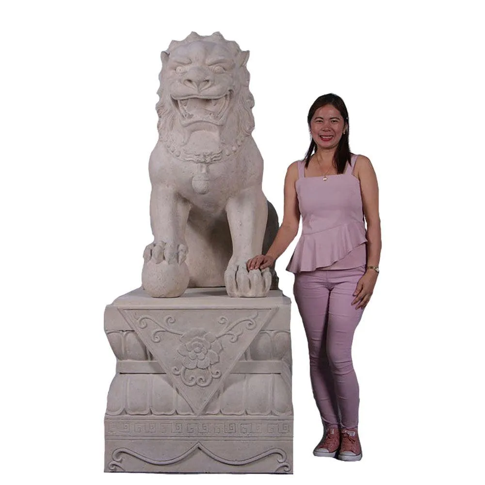 Stone Foo Dog Male On Base Chinese Lion Statue